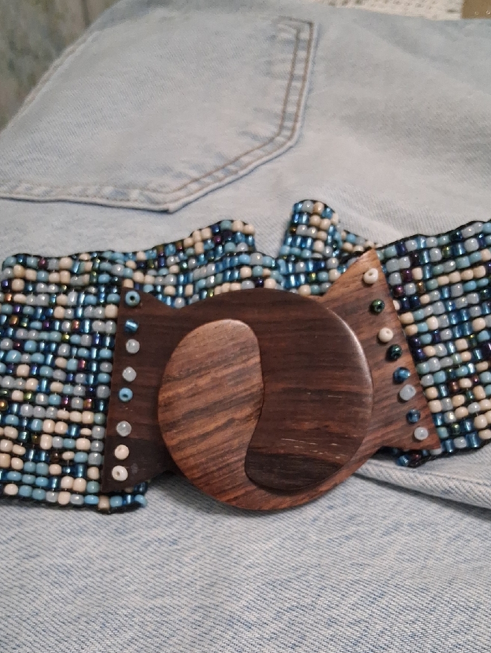 Beaded Blue Multi Wooden Buckle Waist Belt - Unbranded